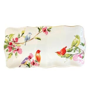Grace Teaware Fine Porcelain Floral & Birds 10.5in Rectangular Serving Tray New